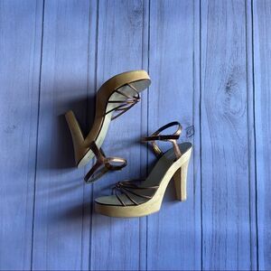 Bebe platform wooden strappy heels leather upper